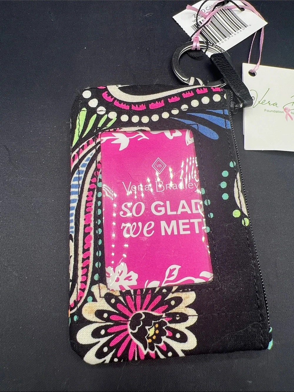 Vera Bradley Black Multi Paisley Zip Key Pouch with Ring ID case